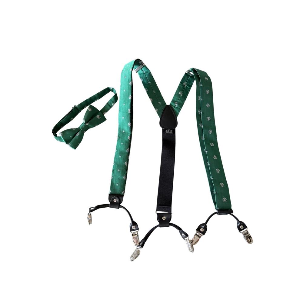 Barry Wang 100% silk bow tie suspenders set green snowflakes holiday hand tailor